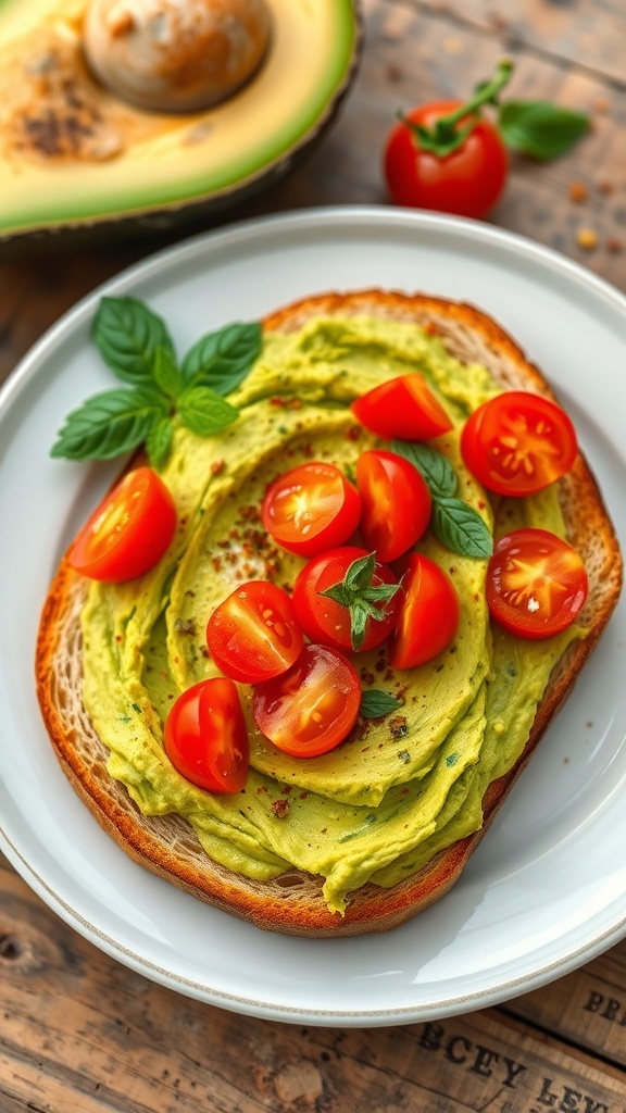 A colorful plate of avocado toast topped with cherry tomatoes and herbs on a wooden table.